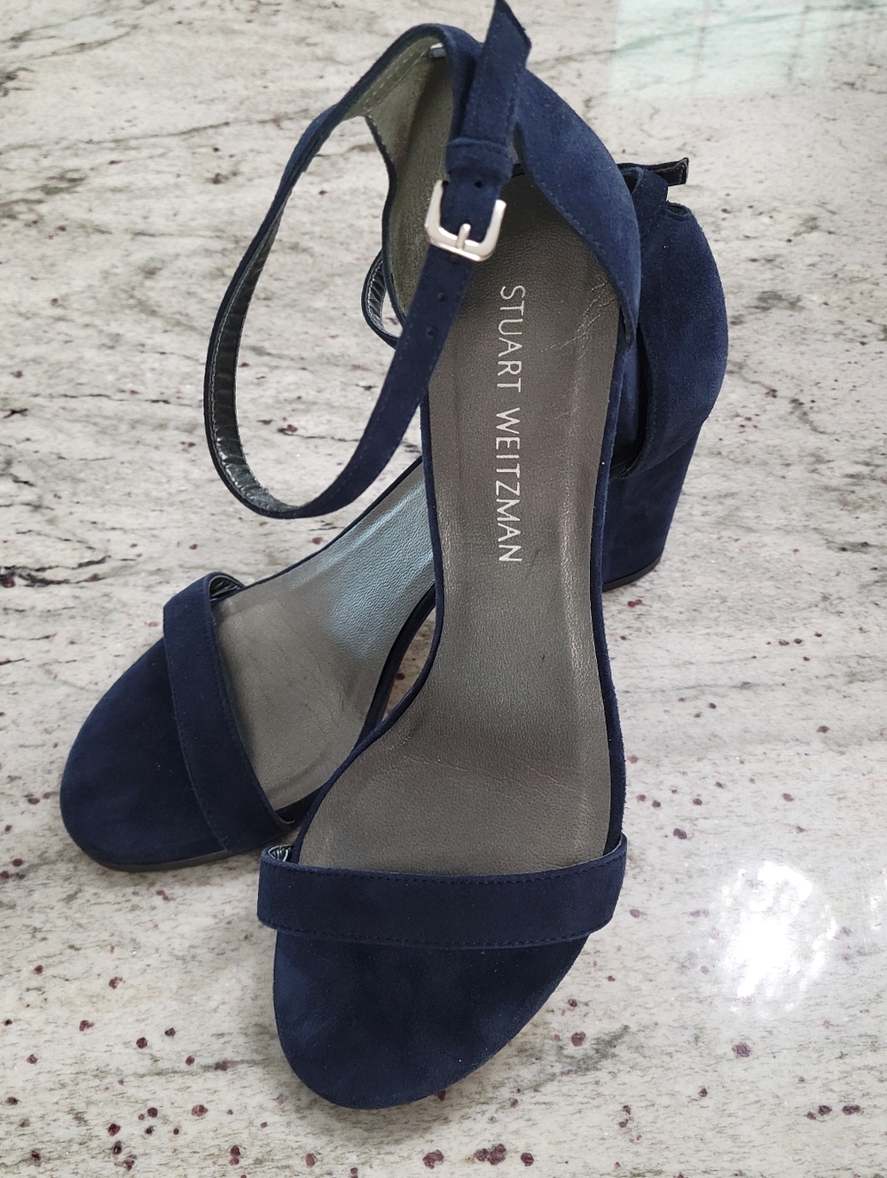 Stuart Weitzman SZ 9 Nearly Nude NAVY BLUE Block Heel Suede Sandals EU 39.5